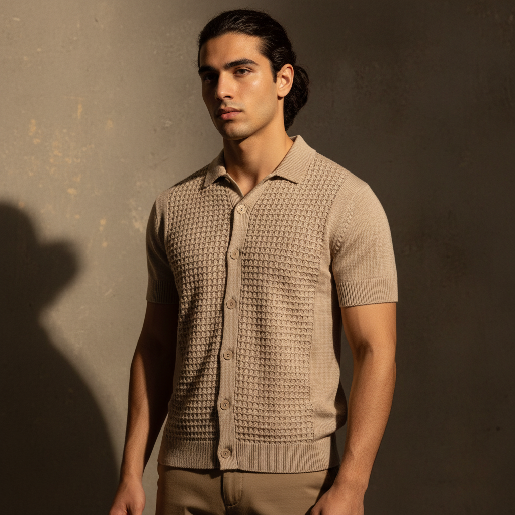 Stone Relaxed Textured Knit Bowling Shirt