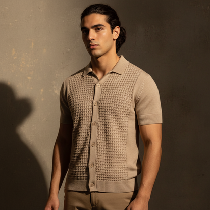 Stone Relaxed Textured Knit Bowling Shirt