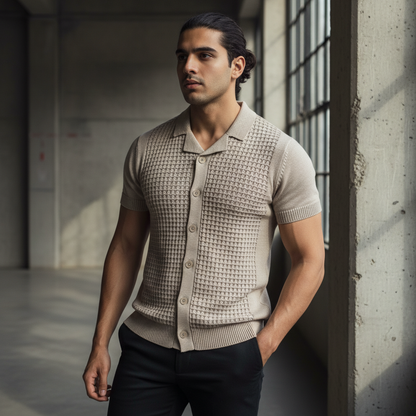Stone Relaxed Textured Knit Bowling Shirt