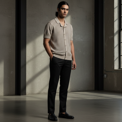 Stone Relaxed Textured Knit Bowling Shirt