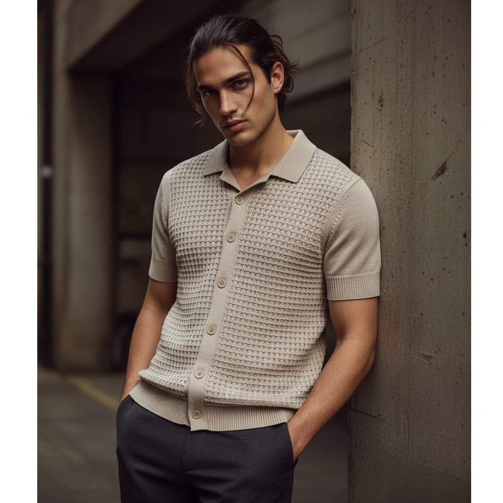 Stone Relaxed Textured Knit Bowling Shirt