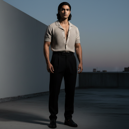 Stone Relaxed Textured Knit Bowling Shirt