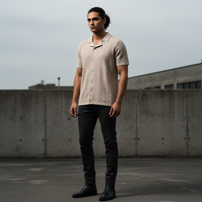 Beige - Knitted Short Sleeve Cuban