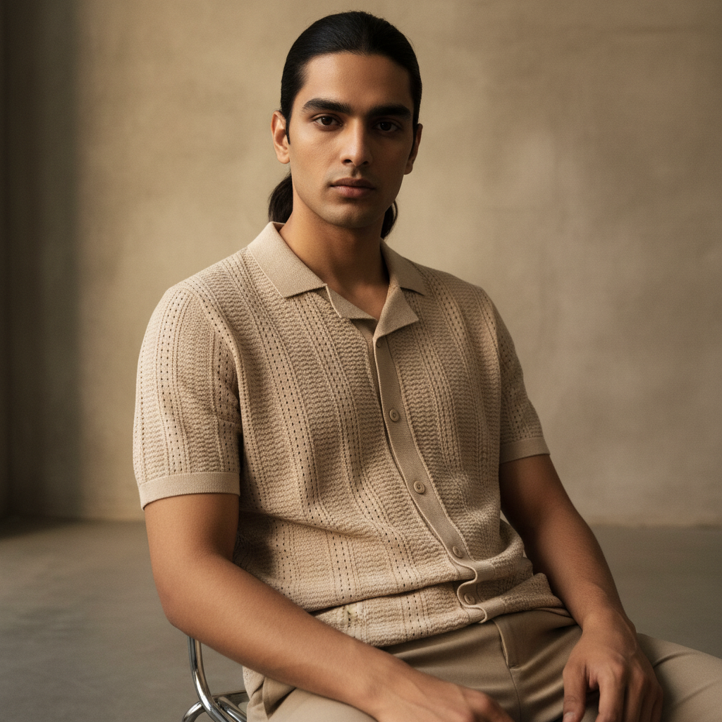Beige - Knitted Short Sleeve Cuban
