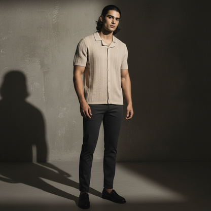 Beige - Knitted Short Sleeve Cuban