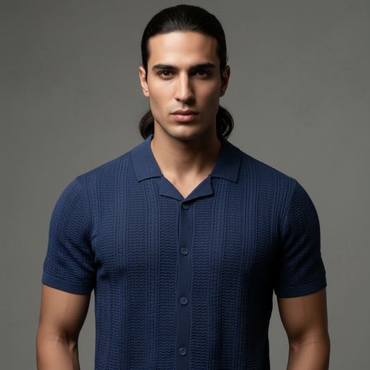 Denim Color Knitted Short Sleeve Cuban