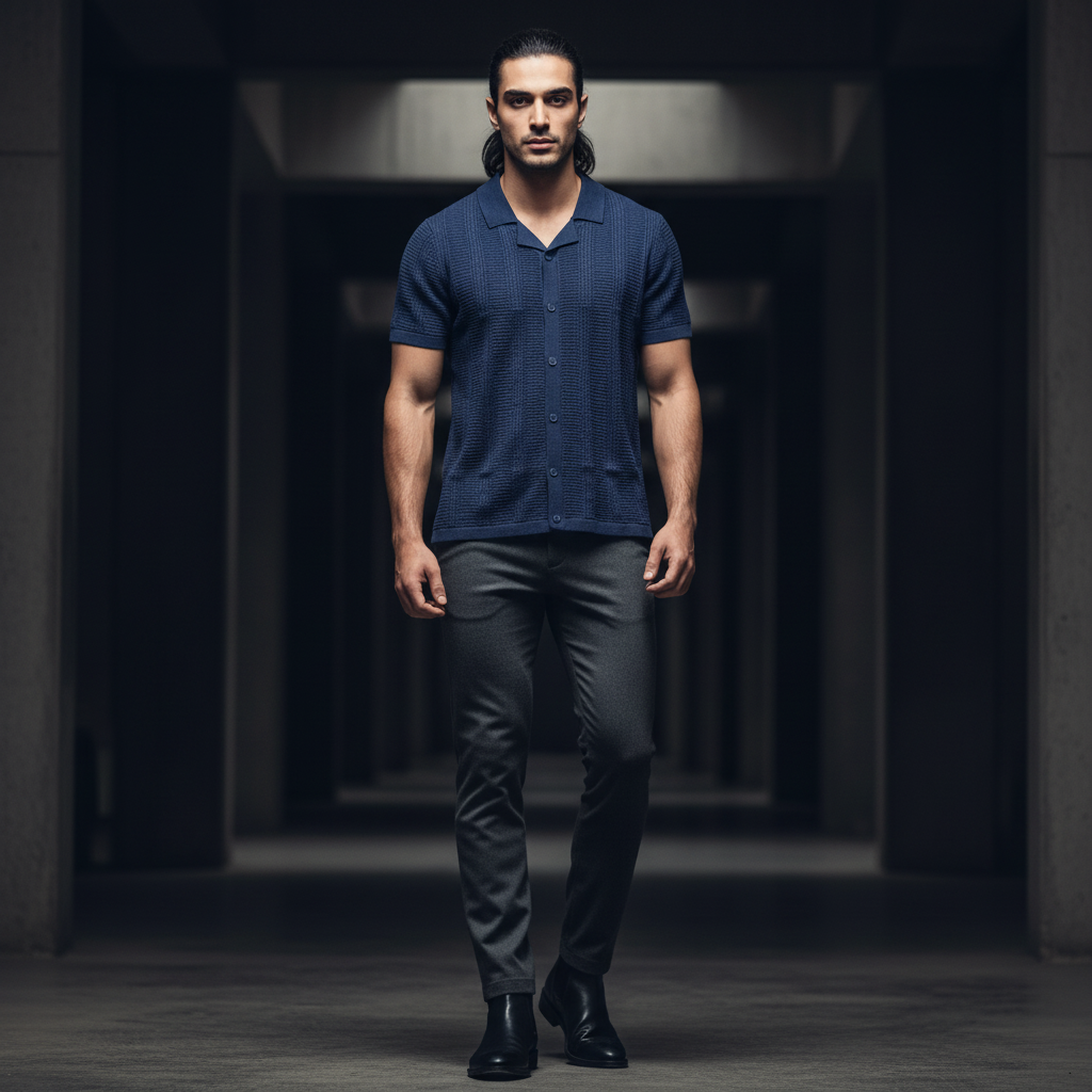 Denim Color Knitted Short Sleeve Cuban