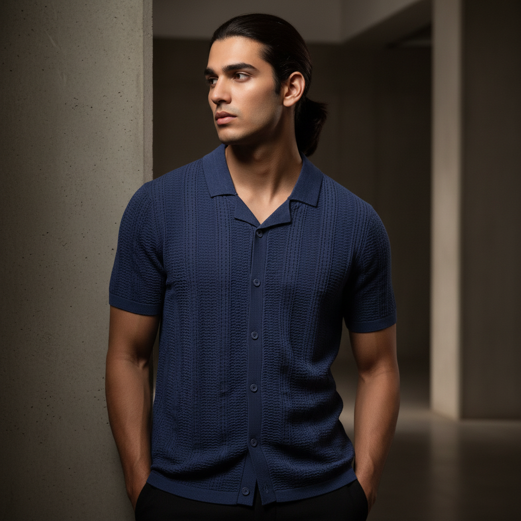 Denim Color Knitted Short Sleeve Cuban