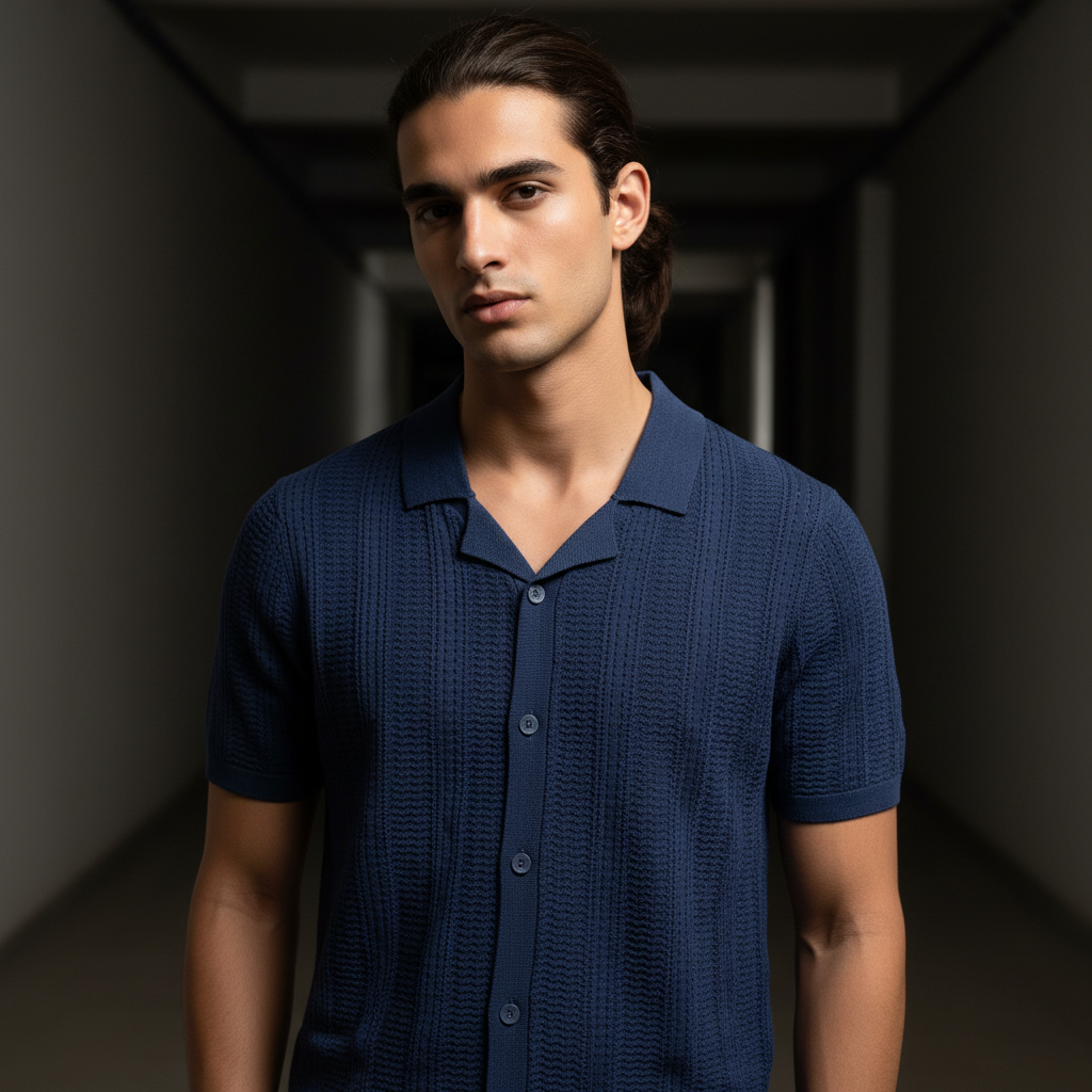 Denim Color Knitted Short Sleeve Cuban