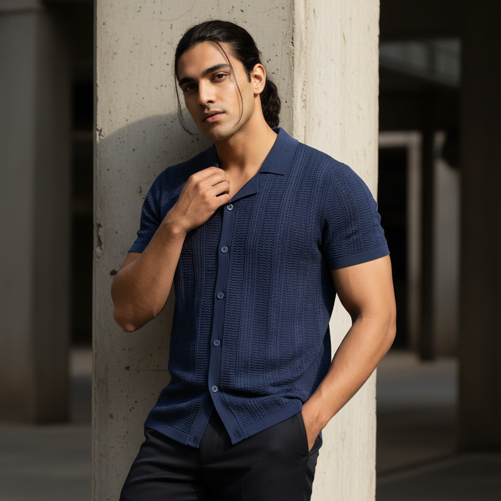 Denim Color Knitted Short Sleeve Cuban