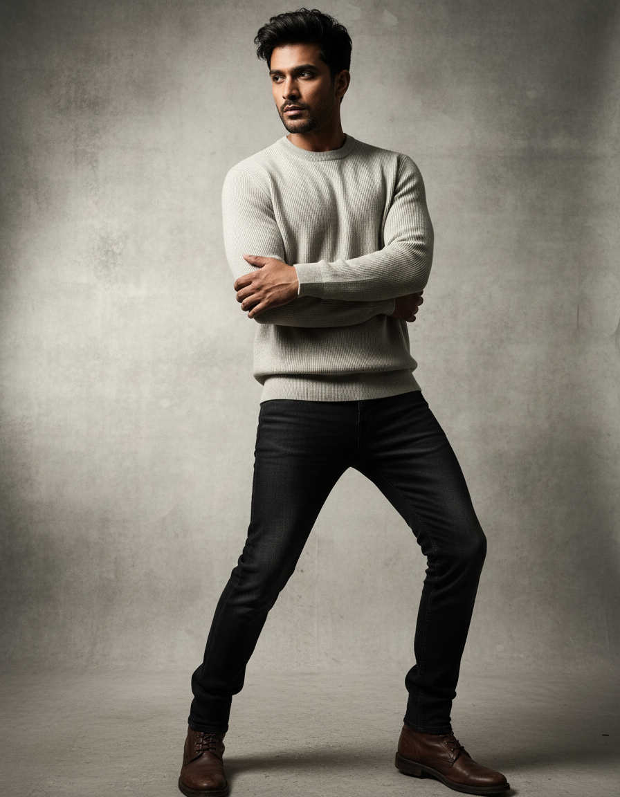 Biege Ribbed Round Neck