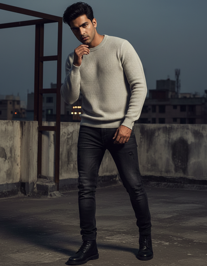 Biege Ribbed Round Neck