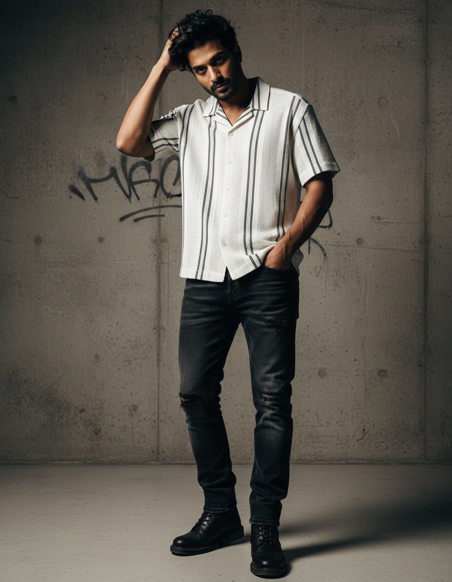 Baggy Shirt - White + Black stripe
