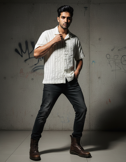 Baggy Shirt - White + Brown Stripe