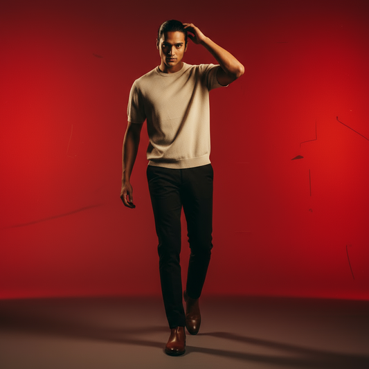 Beige - Round Neck Knitted
