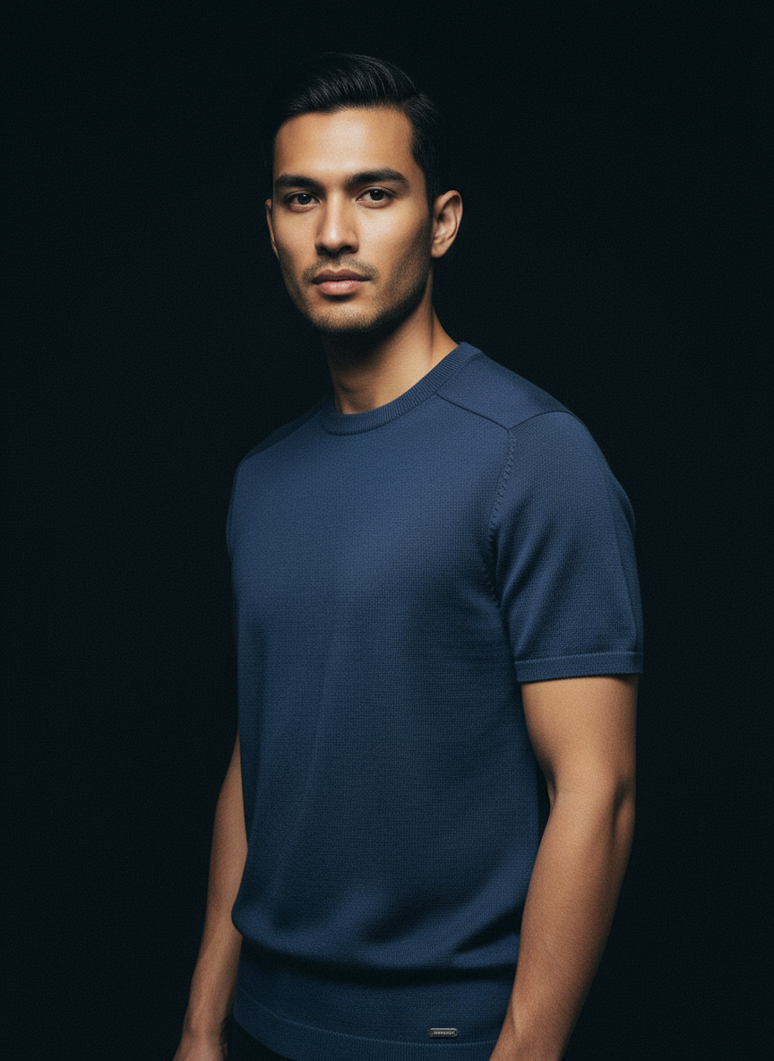 Denim Blue Knitted Round Neck T-Shirt