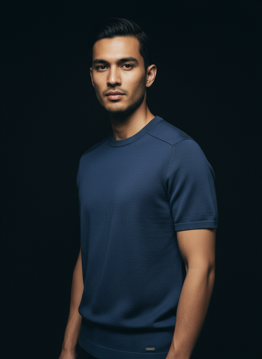 Denim Blue Knitted Round Neck T-Shirt