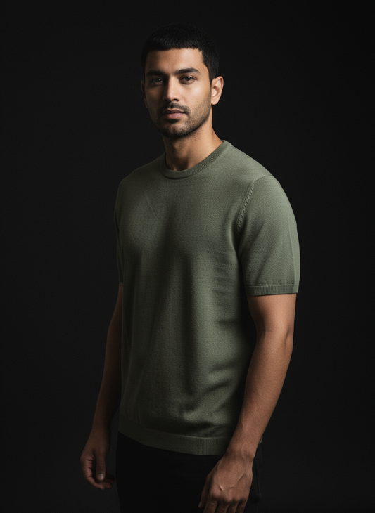 Olive Round Neck Knitted T-Shirt