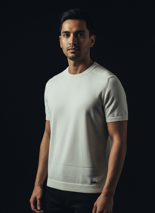 White Knitted Round Neck T-Shirt