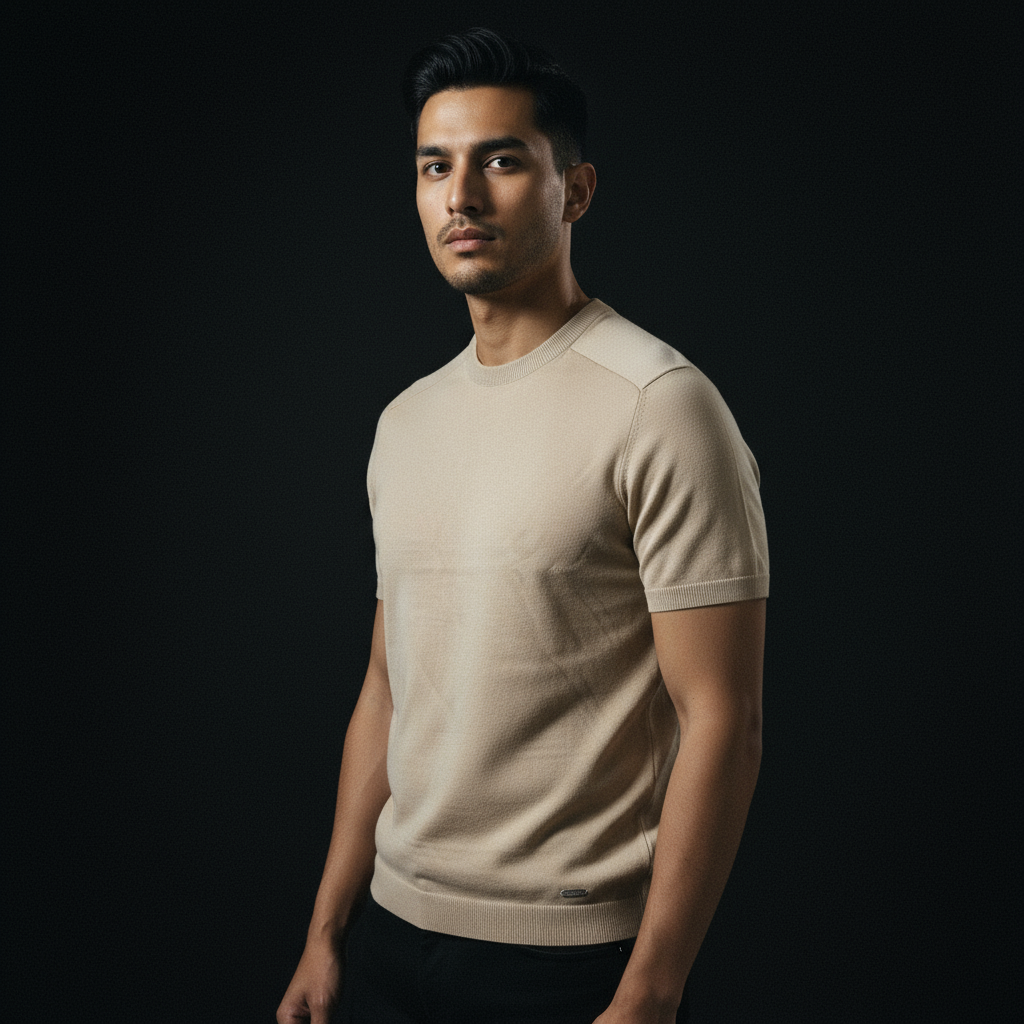 Beige Knitted Round Neck Tshirt