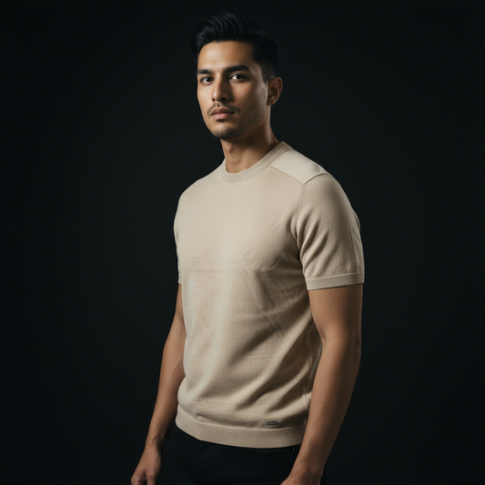 Beige Knitted Round Neck Tshirt