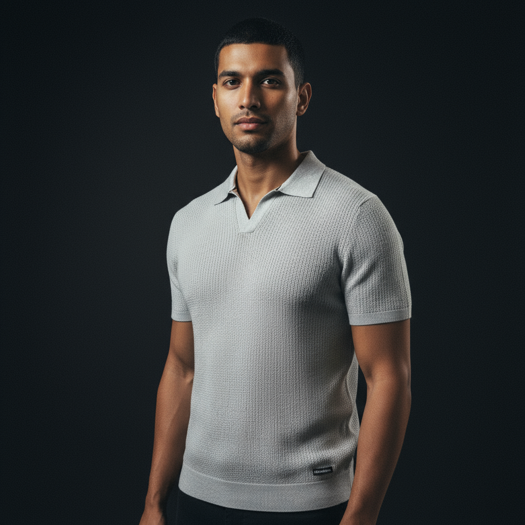 Grey - Ribbed Polo Tshirt