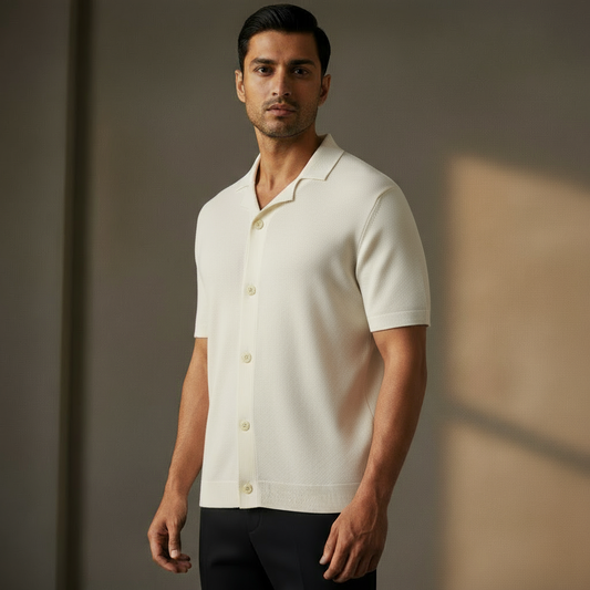 White Soft Knitted Cuban Collar Shirt