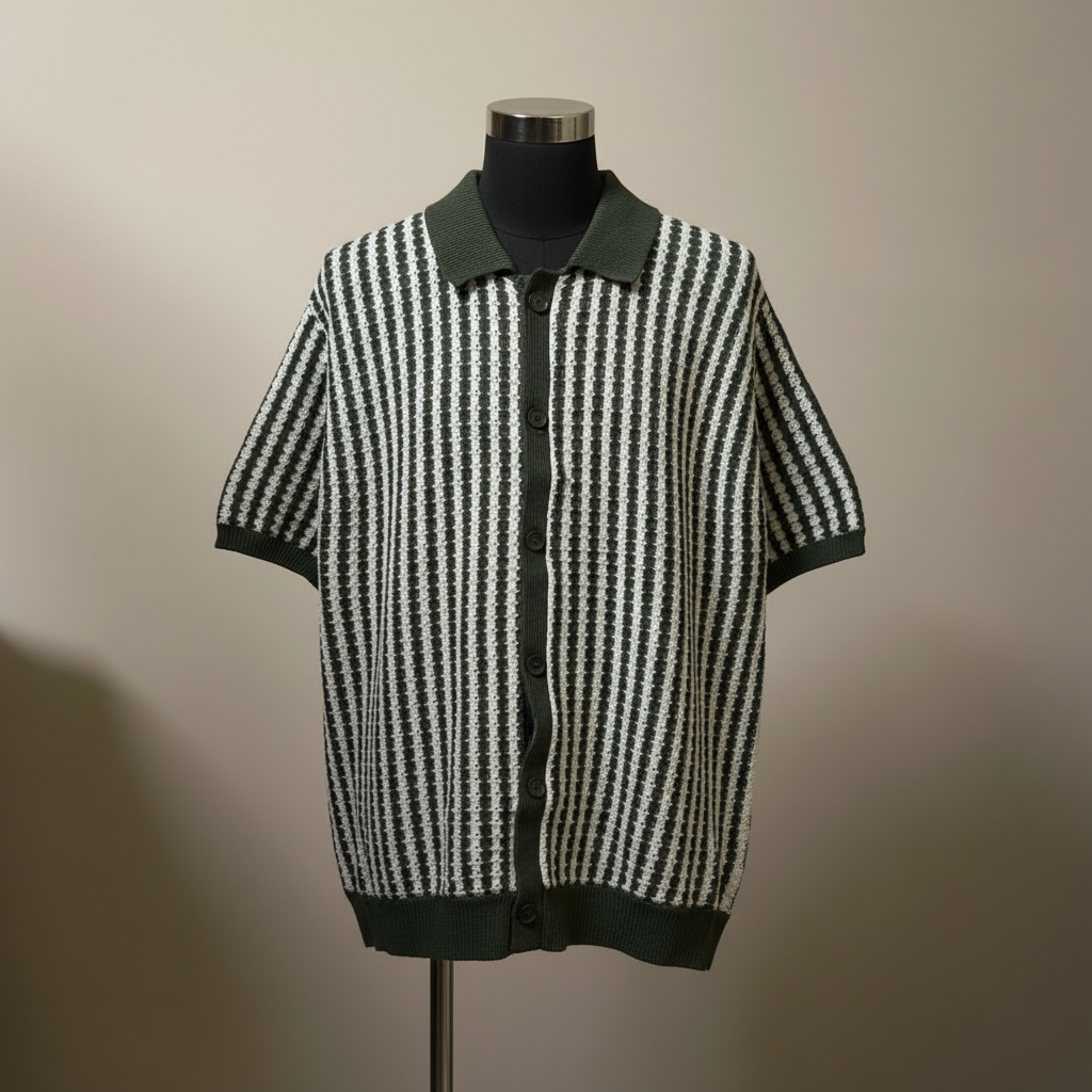 Green Striped Regular Buttoned Knit