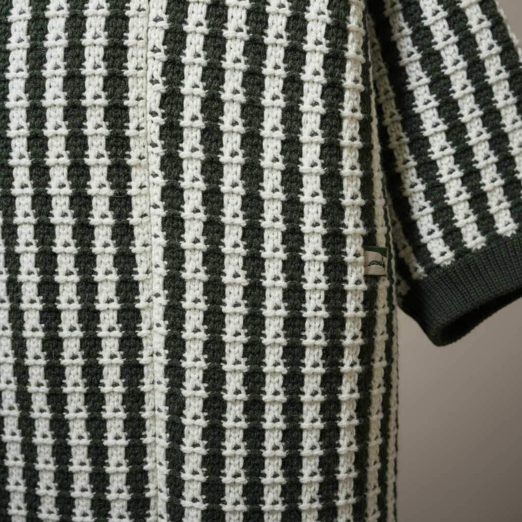Green Striped Regular Buttoned Knit