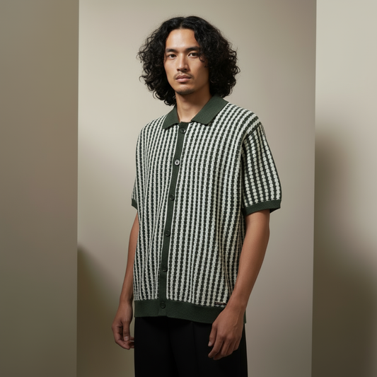 Green Striped Regular Buttoned Knit