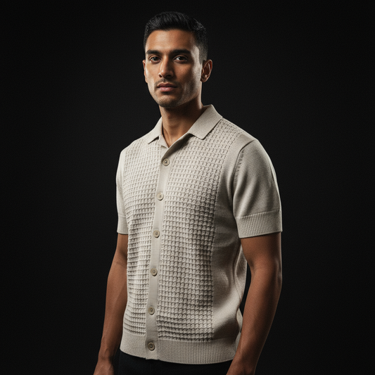 Stone Relaxed Textured Knit Bowling Shirt