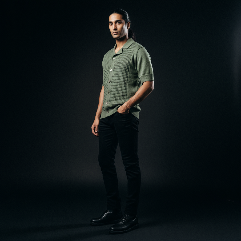 Olive Relaxed Textured Knit Bowling Shirt