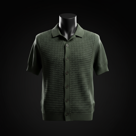 Olive Relaxed Textured Knit Bowling Shirt