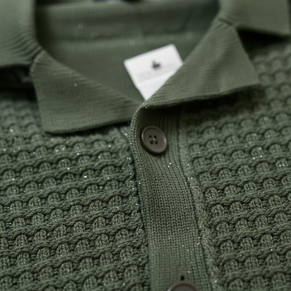 Olive Relaxed Textured Knit Bowling Shirt