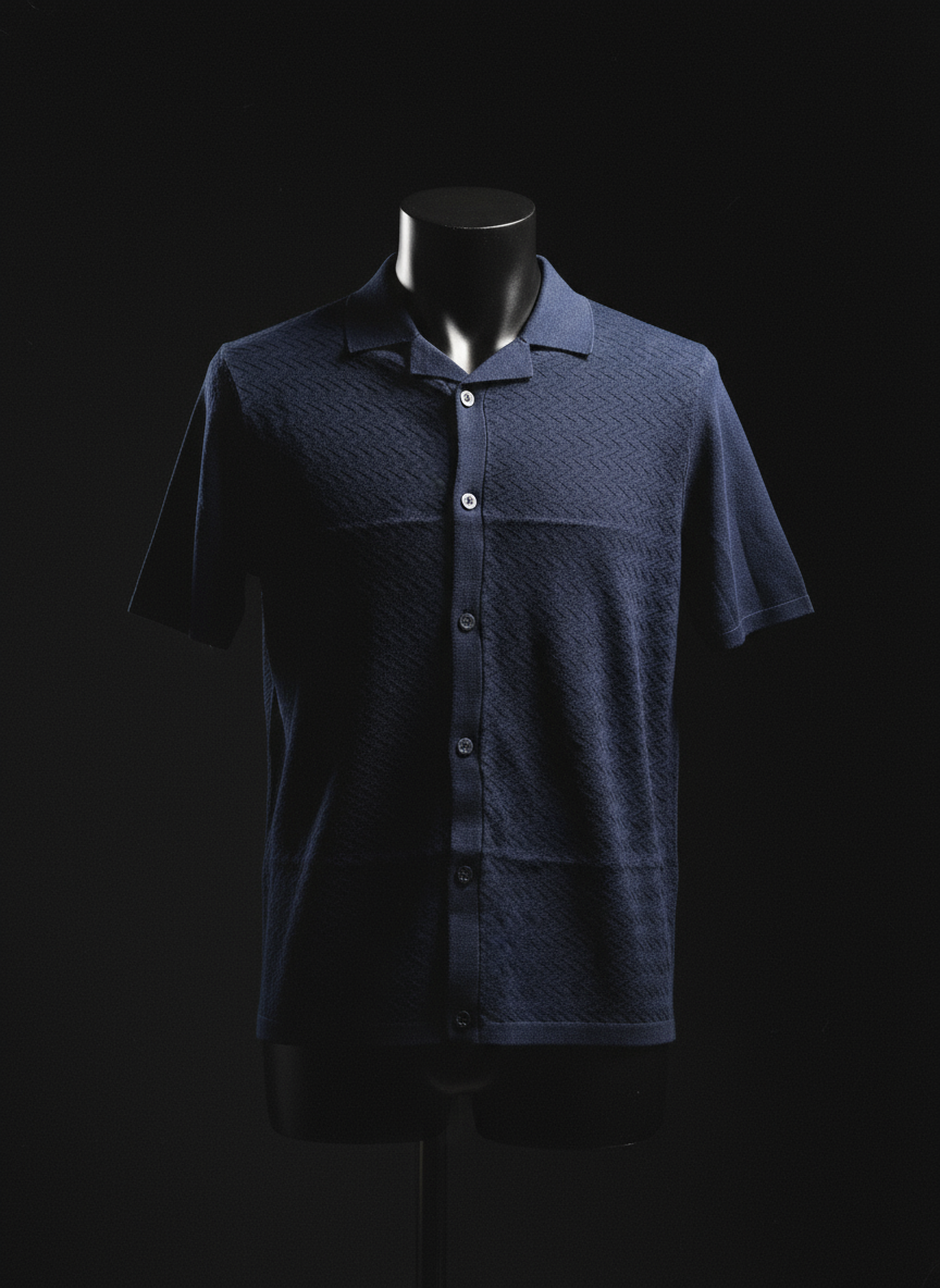 Nevy Blue ZIG ZAG Knitted Short Sleeve Cuban