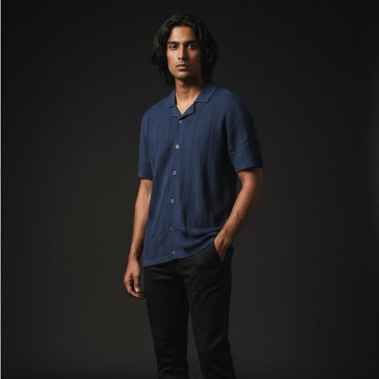 Denim Color Knitted Short Sleeve Cuban