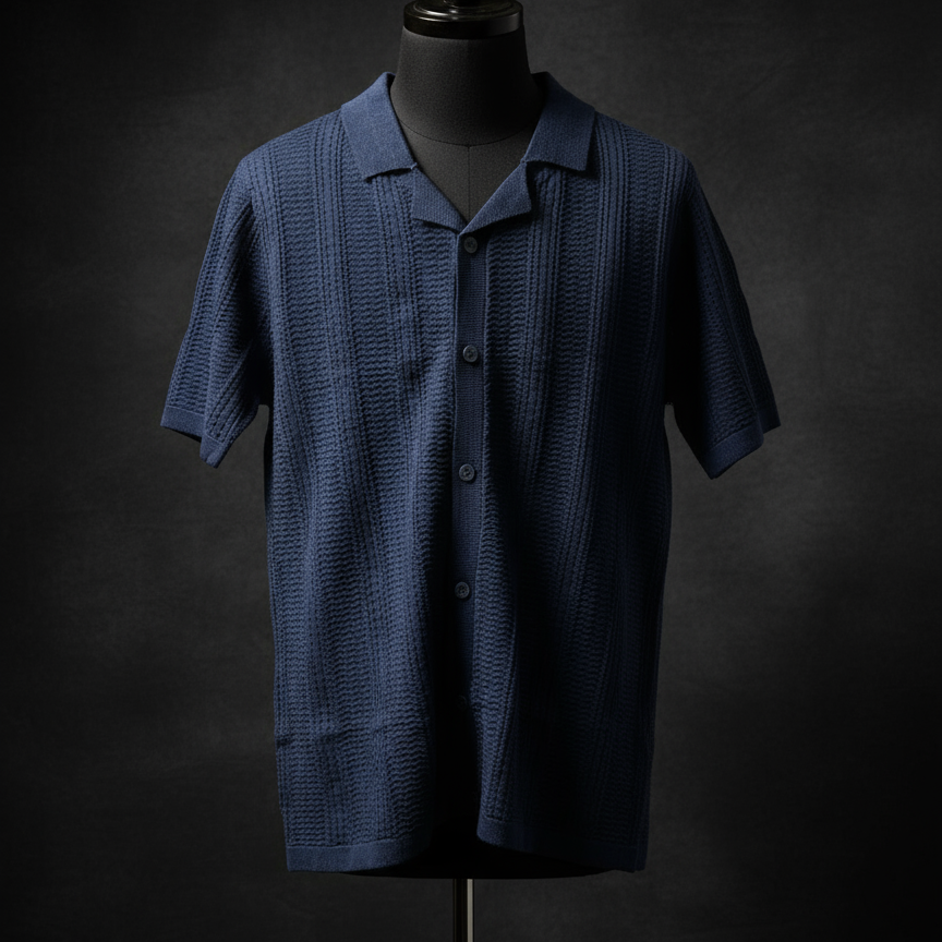 Denim Color Knitted Short Sleeve Cuban