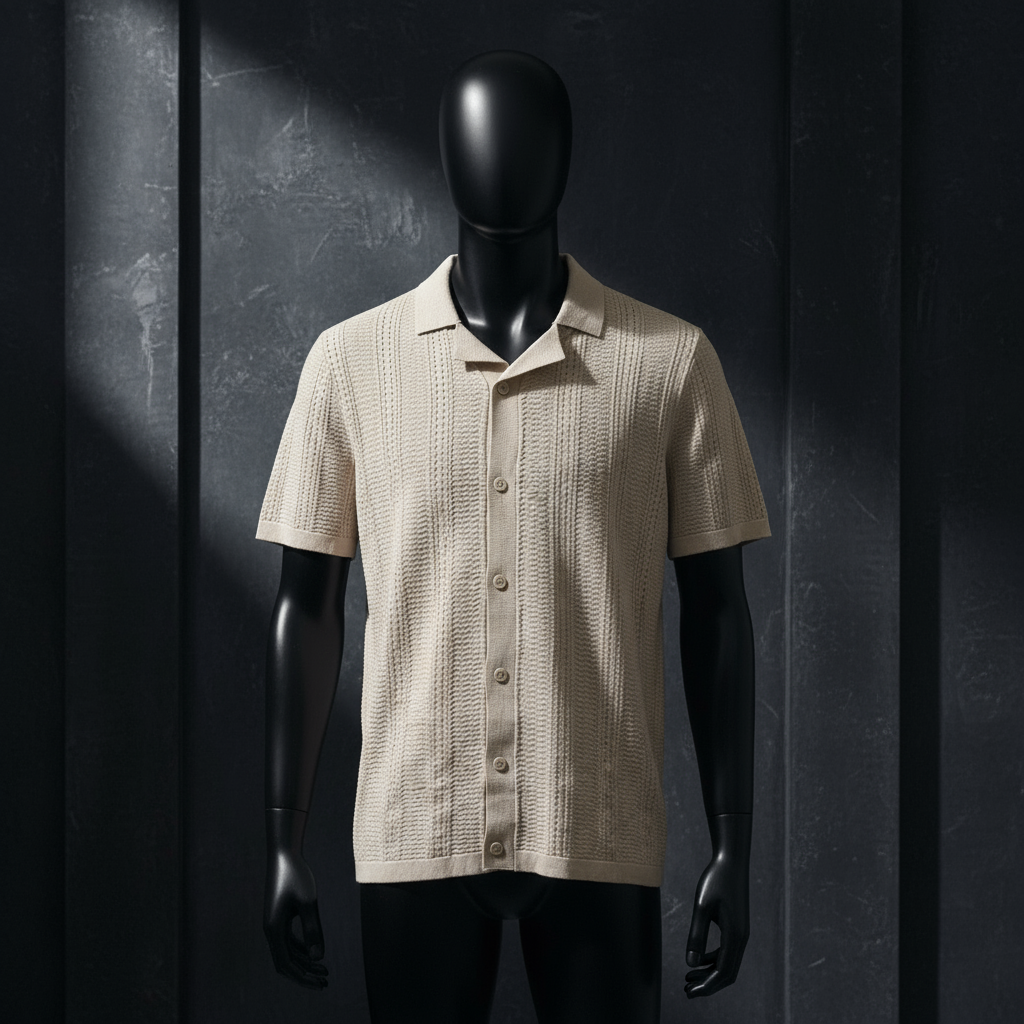 Beige - Knitted Short Sleeve Cuban