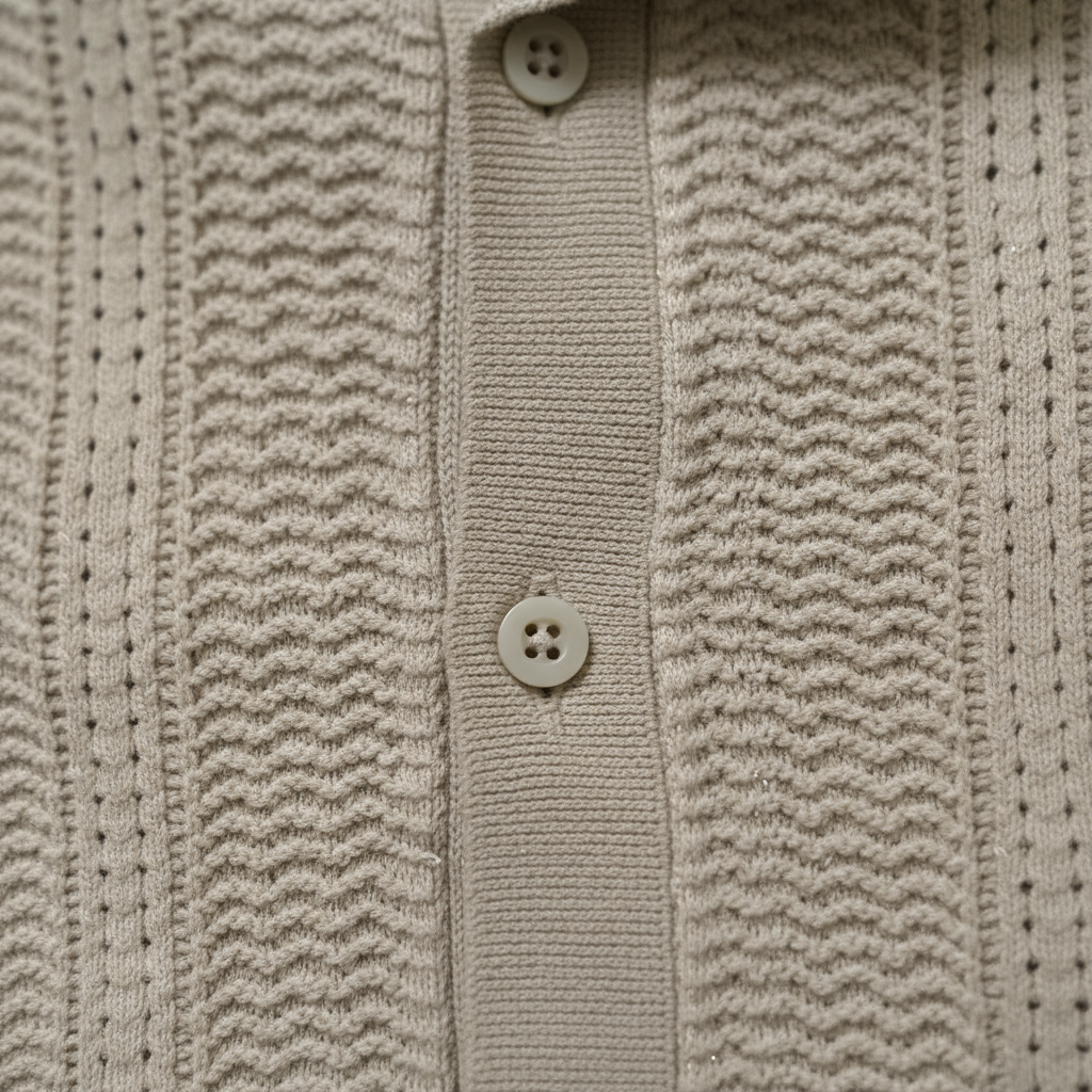 Beige - Knitted Short Sleeve Cuban