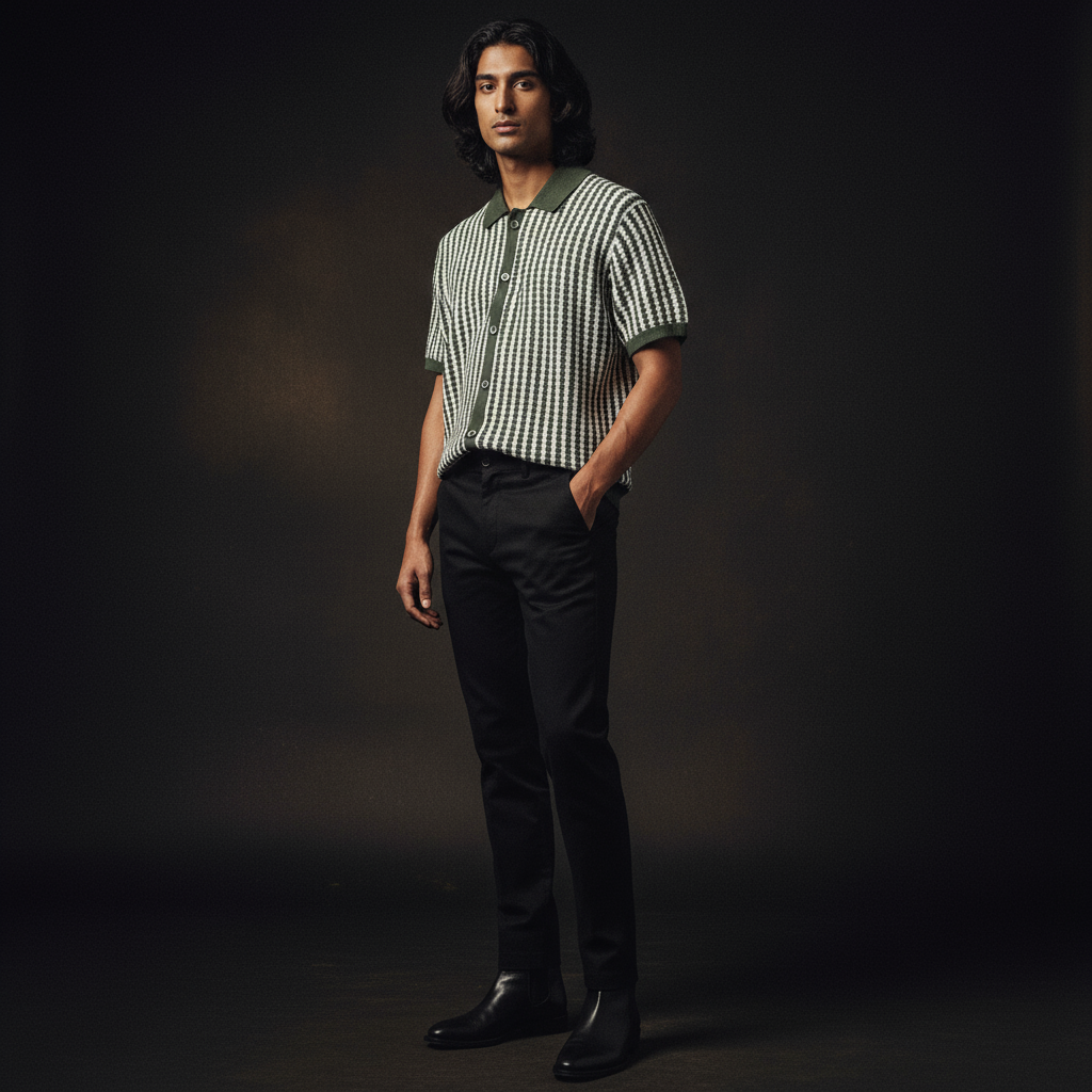 Green Striped Regular Buttoned Knit