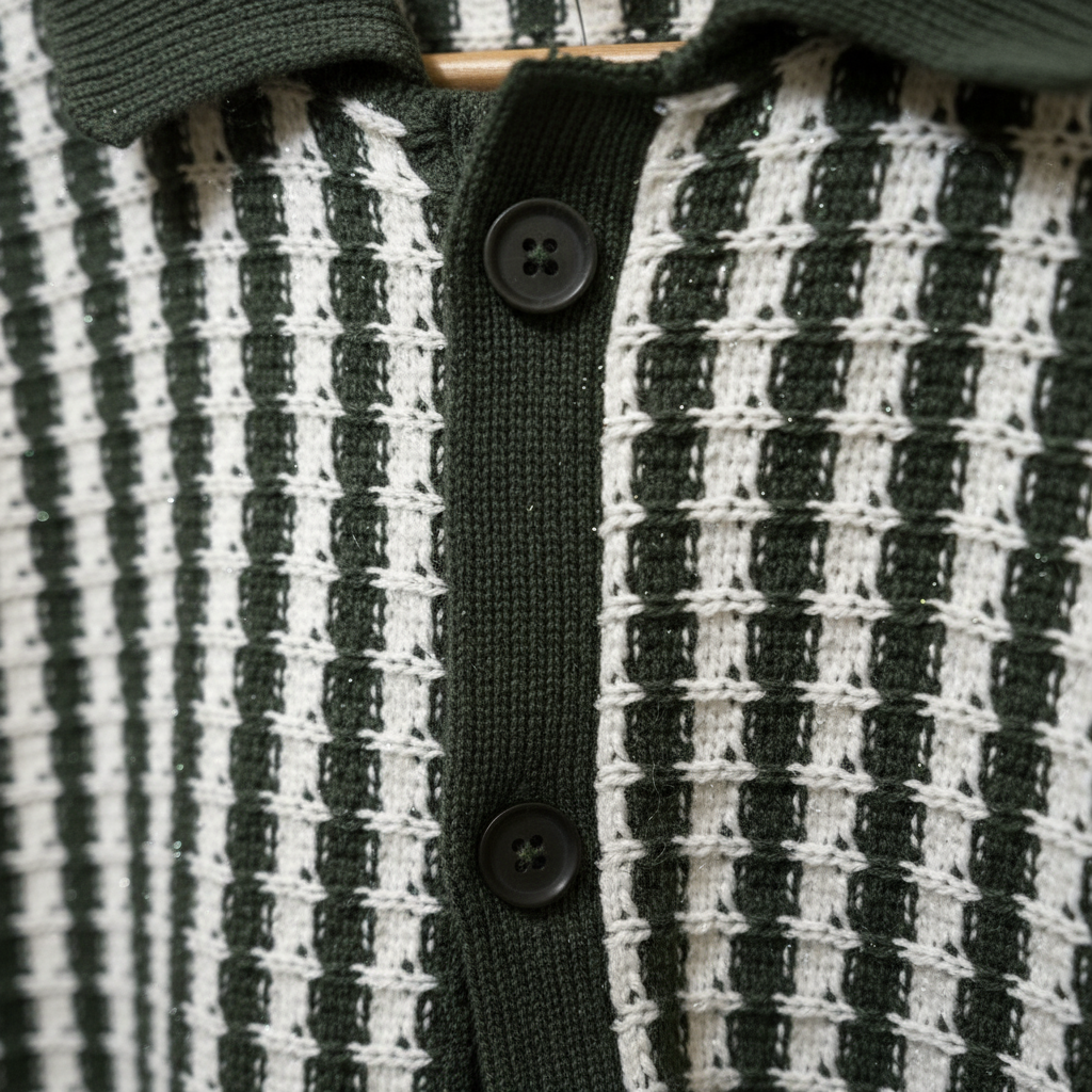 Green Striped Regular Buttoned Knit