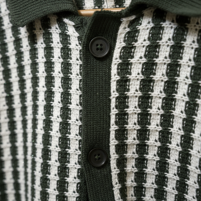 Green Striped Regular Buttoned Knit