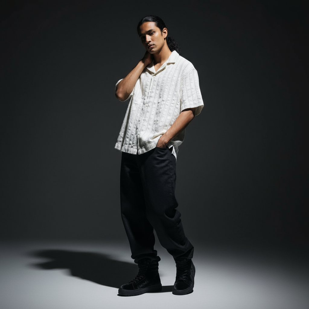 Baggy Shirt - White + Brown Stripe