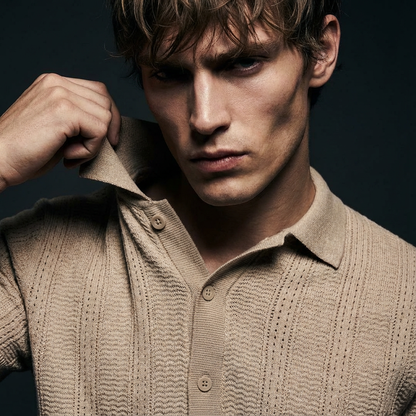 Beige - Knitted Short Sleeve Cuban