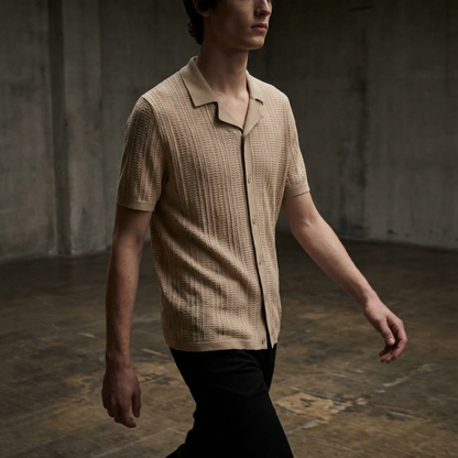 Beige - Knitted Short Sleeve Cuban